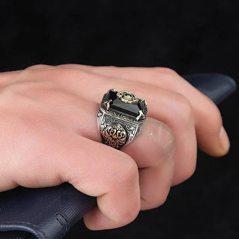 Retro Handmade Turkish Signet Ring for Men Vintage Silver Color